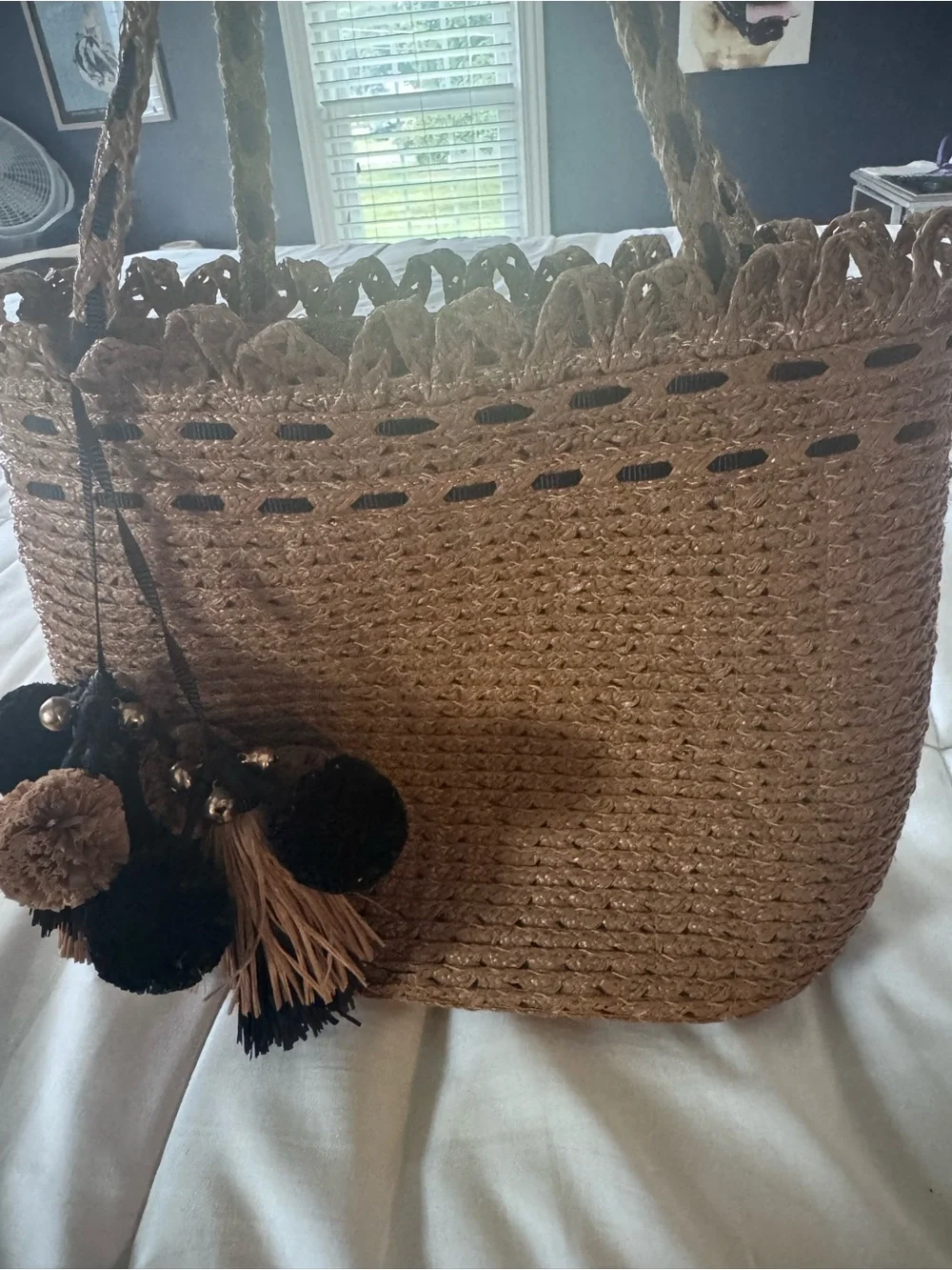 Eric Javits Natural Straw Tote with Black and Tan Pom-Poms